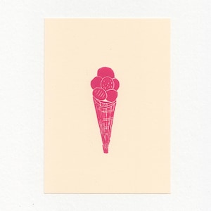 Mini Ice Cream Linocut Print- Pink Tiny Art