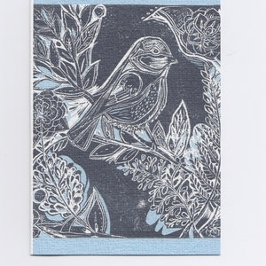 Vogel-Druck-Grußkarte / blauer Linoldruck