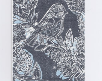 Bird Print Greetings Card / Blue Linocut Printmaking