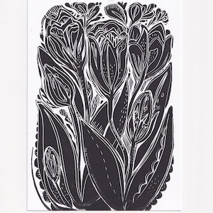 Linocut Print Tulips / A5 Black Original Art / Lino Block Printmaking