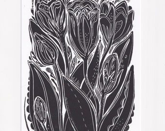 Linocut Print Tulips / A5 Black Original Art / Lino Block Printmaking