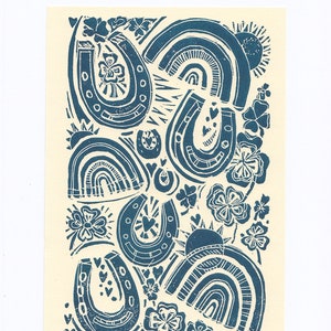 Good Luck Blue Linocut Print / Original Printmaking Art