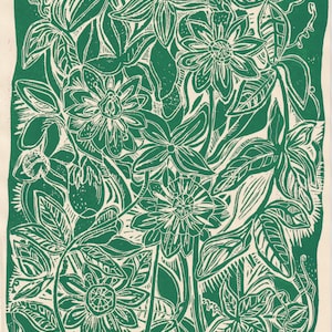 Linocut Print Passion Flowers / A4 Green Original Art Block / Lino Printmaking