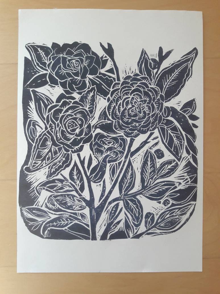 Linocut Print Flowers // A4 Blue Original Art Block Print // | Etsy