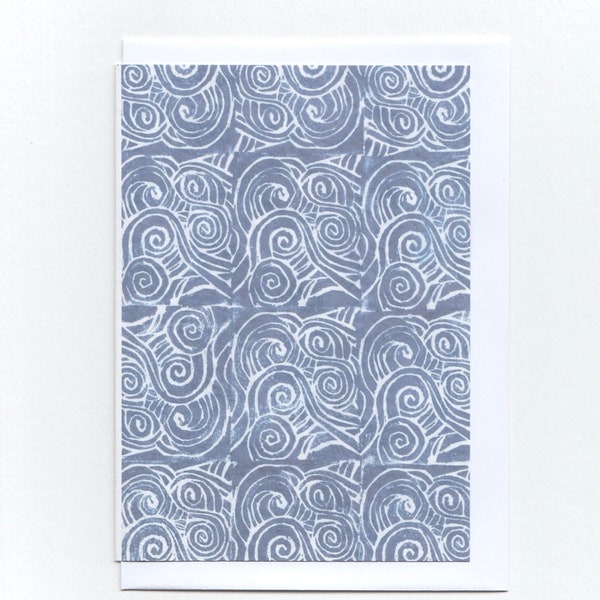 Sea Print Greetings Card / Ocean Waves Linocut Notecard