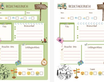 Op de afbeelding: Een groen reisdagboek met de Duitse tekst "REISETAGEBUCH" en "CAMPING" borden. Het bevat secties voor foto's, reisdetails, bezochte plaatsen en favoriete ervaringen. Inclusief weericonen, stemmingstrackers en een kompas.