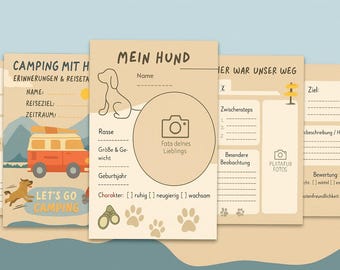 Può includere: Un set di pagine di diario illustrate a tema campeggio e animali domestici. Le pagine presentano il contorno di un cane, un'icona della fotocamera, impronte di zampe e testo in tedesco. Una pagina mostra un camper e le parole "Let's Go Camping."