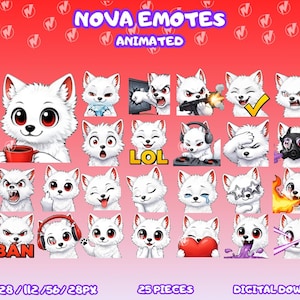 May include: A set of 25 animated Nova Emotes, each depicting a white cartoon fox with different expressions. The emotes include the words "LOL" and "BAN". Available in sizes 128, 112, 56, and 28 pixels. The background is red.