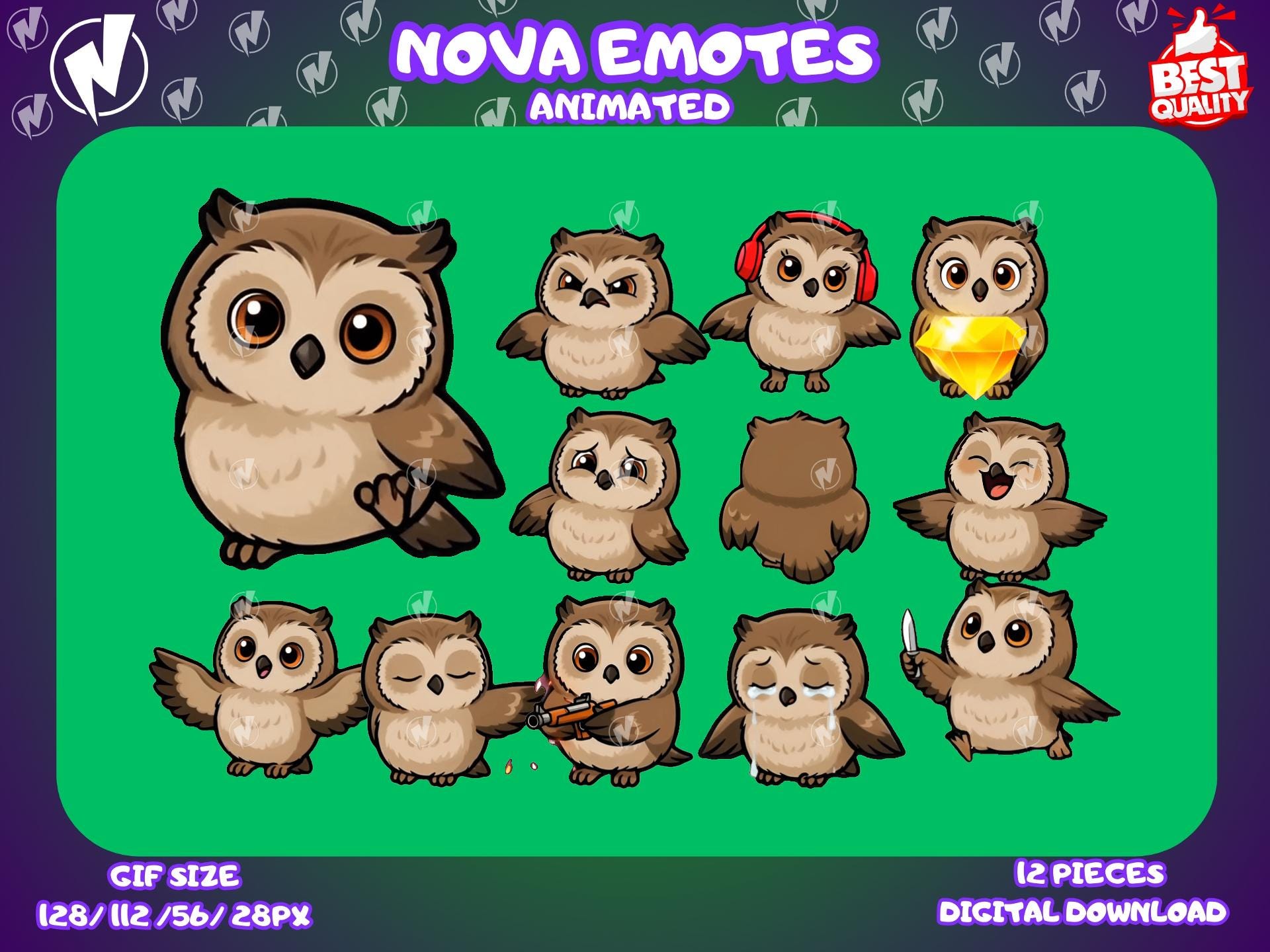 Animated Chibi Owl Twitch Emotes, Cute Kawaii Anime GIF Emotes, Funny Reaction for Twitch, Discord