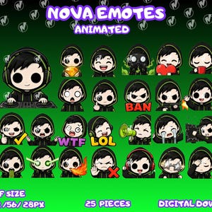 May include: A digital download of 25 animated Nova Emotes. The emotes depict a character with black hair and a black hoodie, displaying different expressions. The image includes the text "GIF SIZE 128/112/56/28PX" and "25 PIECES".