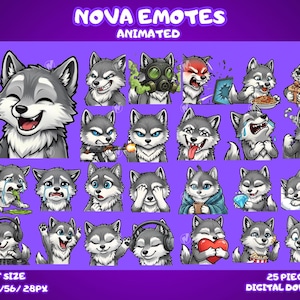 May include: A collection of animated wolf emojis with various expressions, including happy, angry, and surprised. The text "NOVA EMOTES ANIMATED" is displayed at the top, with "GIF SIZE" and "25 PIECES DIGITAL DOWNLOAD" at the bottom. The background is purple.