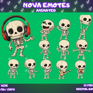 Pode incluir: Uma coleção de emotes de esqueletos animados com várias expressões e poses. Um esqueleto usa fones de ouvido vermelhos. O texto "NOVA EMOTES ANIMATED" está no topo. A imagem também inclui o texto "GIF SIZE 128/112/56/28PX" e "12 PIECES DIGITAL DOWNLOAD".