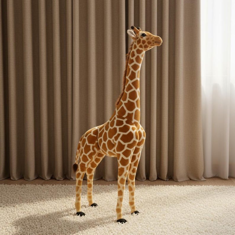 Puede incluir: Una gran jirafa de peluche con un cuello largo y manchas marrones y blancas. El peluche se apoya sobre cuatro patas con pezu&ntilde;as negras. La jirafa es un art&iacute;culo decorativo, adecuado para una habitaci&oacute;n infantil o como un acento hogare&ntilde;o caprichoso.