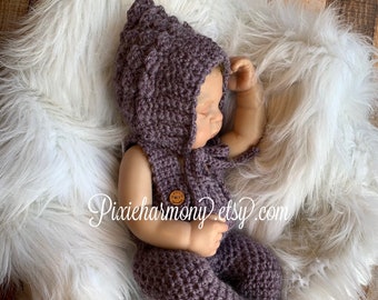 Baby Girl Bonnet & Overalls - Newborn Photo Prop - ANY COLOR - Winter Hat -  Pixie Hat - Crocheted with Love