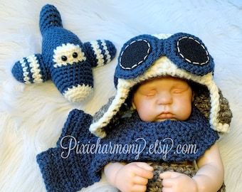 Newborn Baby Boy or Girl Aviator Hat w Goggles and Diaper- Fly - Airplane Hat - Photo Prop - ANY Colors - Earflap Hat