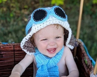 Toddler Aviator Hat w Goggles and Scarf - Fly - Airplane Hat - Photo Prop - ANY Colors - Boy Girl First Birthday Earflap Hat