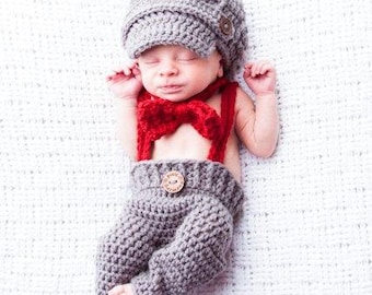 Baby BOY Hat Set - Newborn -  3 Piece Newsboy Long Pant Set w Suspenders - PHOTO Prop - Made to ORDER - Gray and Red