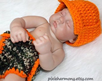 Baby Boy Hunter Hat and Diaper - Newborn Photo Prop - Camo Orange - Hunting - Made to Order