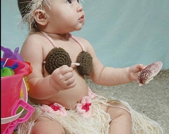 Baby Girl or Toddler Hawaiian HULA Dancer Island Photo Prop- Grass Skirt Coconut Bra and Flower Headband - Made to Order PLAN Ahead