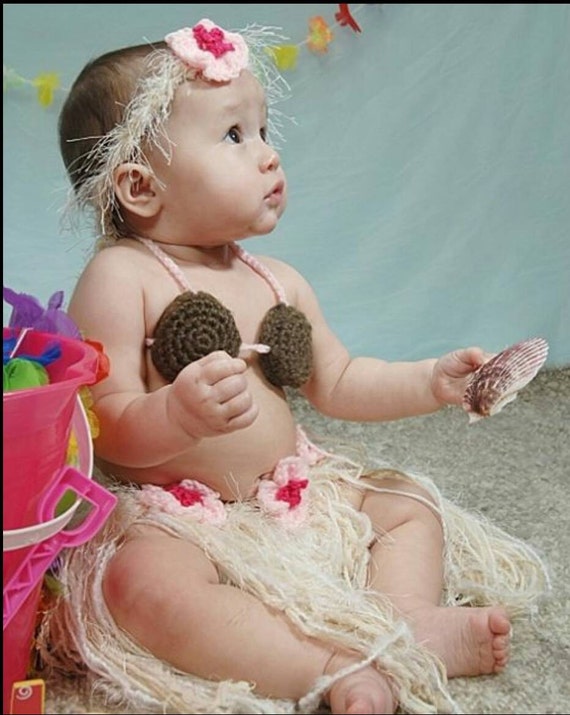 Baby Girl or Toddler Hawaiian HULA Dancer Island Photo Prop Grass Skirt  Coconut Bra and Flower Headband Made to Order PLAN Ahead 