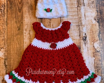 Baby Girl Christmas Dress & Hat - READY to SHIP - Mrs Santa - Crochet Dress - Baby Photo Prop - Santa Hat