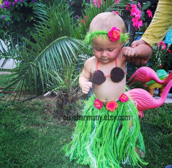 Baby Girl or Toddler Hawaiian HULA Dancer Island Photo Prop Grass Skirt  Coconut Bra and Flower Headband Made to Order PLAN Ahead 