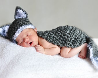 NEWBORN WOLF Hat and Cape Photo Prop - Boy - Girl - Made to ORDER- Cocoon - Gray White - Any Colors