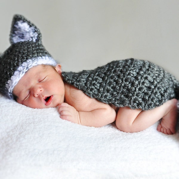 Baby WOLF Hat and Cape PHOTO Prop - Boy - Girl - Costume - Made to ORDER- Cocoon - Gray White - Any Colors