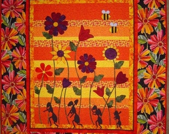 QUILT PATTERN - Ants - Flowers -  PDF Bright Quilt Flowers and Ants- Bees - Tiptoe Thru Carmens Garden- Wall Art