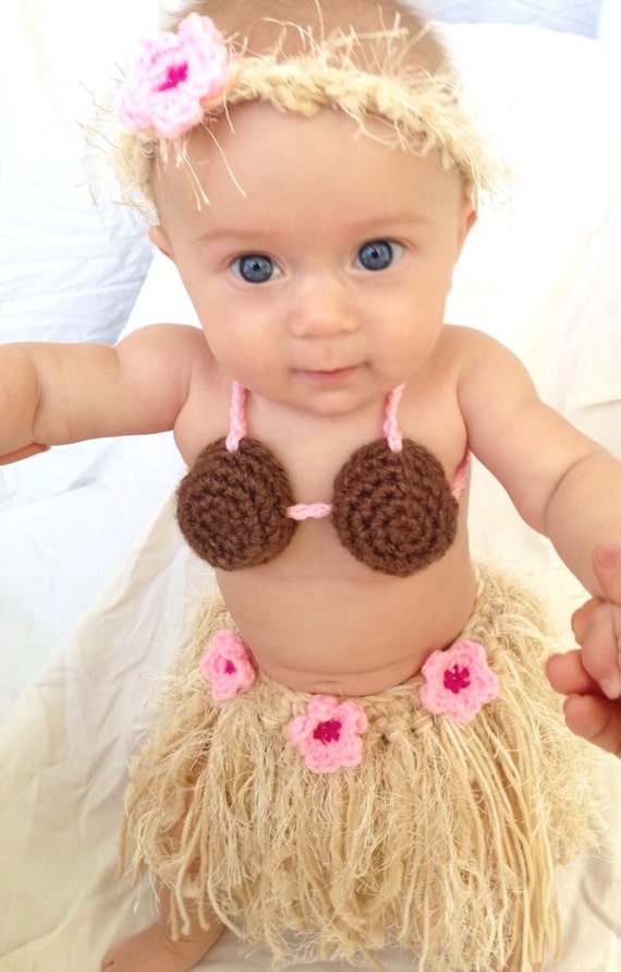 Kawaii Sweet Hula Newborn Girls Coconut Bra Grass Skirt Knitted Photography  Costume Baby Sets