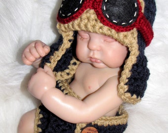 Newborn Baby Aviator Hat w Goggles and Diaper- Airplane Hat - Photo Prop - ANY Colors - MADE to ORDER