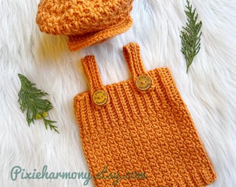 Newborn NEWSBOY Outfit - Ready to Ship - Baby Photo Prop - Crochet Romper Overalls and Hat -This one only