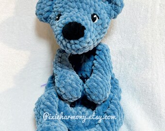 Crocheted Blue Bear Snuggler – Chenille Baby Lovey