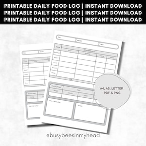 Registro diario de alimentos imprimible en gris / Registro de calorías / Diario de comidas y nutrición / Tamaño A4, A5, Carta de EE. UU., PDF, PNG / Descarga digital