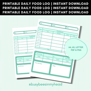 Registro diario de comidas imprimible en verde menta / Registro de calorías / Diario de comidas y nutrición / Tamaño A4 / A5 (carta estadounidense) PDF / PNG / Descarga digital