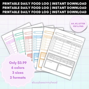 Registro diario de comidas con arcoíris colorido: 6 variantes de color, tamaño A4, A5, tamaño carta (EE. UU.), PDF y PNG imprimibles, bonito registro de comidas en tonos pastel, planificador para TDAH.