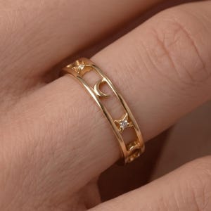 Moon and Stars Stacking Ring, Diamond Celestial Band, Minimalist Star Moon Ring