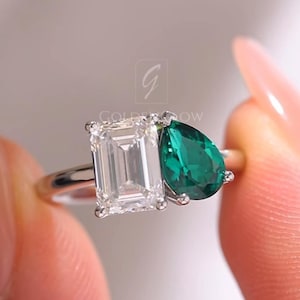 Toi et Moi Ring Cushion & Pear Lab Grown and CZ Engagement Ring, 14K Gold Double Stone Ring, Toi et Moi Ring for Women, Gift For her.