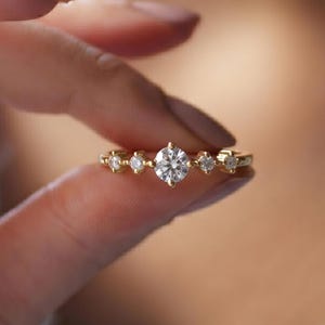 Dainty Round Diamond Ring, Tiny Gemstone Stacking Delicate Jewellery, Minimalist Moissanite Ring