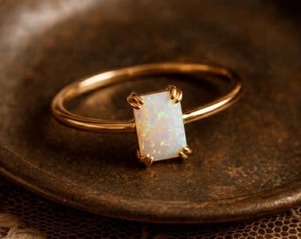 Emerald Cut Opal Engagement Ring, Vintage Style Dainty Jewelry, Minimalist Solitaire Ring