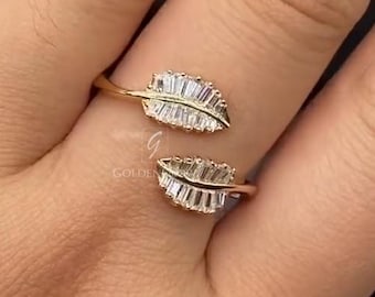 Anel em formato de folha com moissanita lapidada em baguete, halo oculto, prata 925