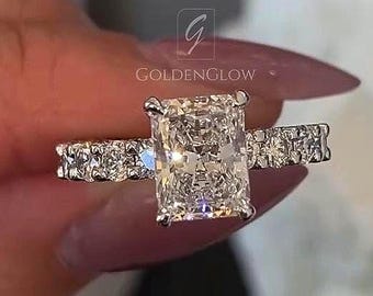 3 Ct Lab Diamond Radiant Cut Engagement Ring: White Gold Pave Band