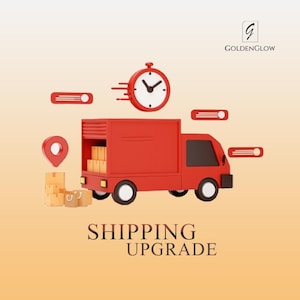 May include: A red delivery truck with a white clock and a red location pin. The text "SHIPPING UPGRADE" is at the bottom of the image. The GoldenGlow logo is in the top right corner.