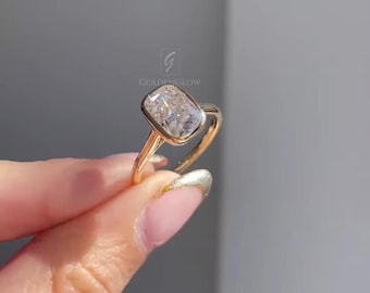 Cushion Cut Moissanite Gold Bezel Ring, Solitaire Engagement Ring