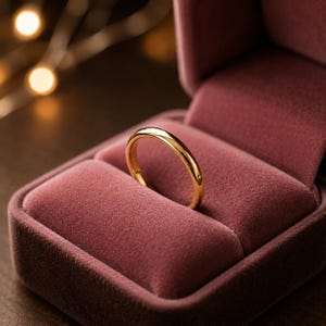 May include: A gold wedding band sits in a pink velvet ring box. The ring is smooth and shiny, reflecting the light. The box is open, showcasing the ring against the soft, plush interior. The background is blurred with warm, golden lights.