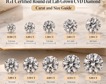 May include: An IGI Certified Round cut Lab Grown CVD Diamond Carat and Size Guide chart displaying ten round diamonds ranging from 0.50 CT at 5.0 mm to 5.00 CT at 11.1 mm, with each diamond labelled by its specific carat weight and millimetre diameter.