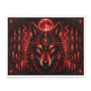 May include: A rectangular jigsaw puzzle featuring a central wolf head with a red gemstone on its forehead. The background displays a dark red moon, gothic castle spires, and swirling patterns. The entire composition is framed by a decorative border.