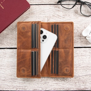 Genuine Leather Women’s Wallet – 12 Card Slots, Coin Zipper Pouch, Hidden Storage, Phone Pocket – Magnetic Snap - Handle for Secure Carry