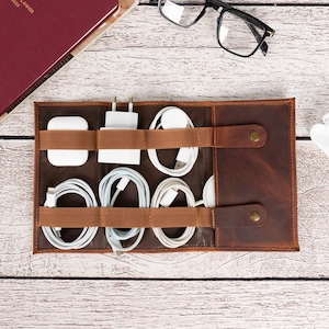 Full Grain Leather Cable Organizer: Travel Cord Case, Tech Accessories Storage
