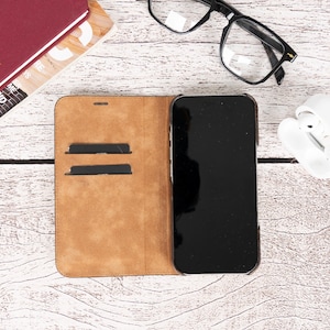 Premium Genuine Leather iPhone 16 Pro / 16 Pro Max Folio Case with Card Slots - Wireless Charging Support - Durable - Hands-Free Stand